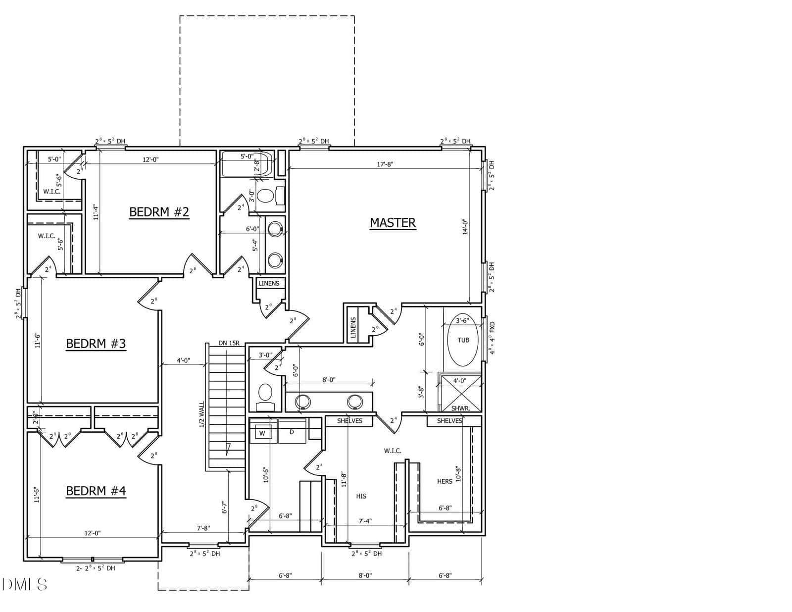 Black-and-white floor plan of a house featuring a master bedroom with ensuite bath and closet, three additional bedrooms, two bathrooms, laundry room, linen closet, and stairway. Room dimensions and door placements are labeled.