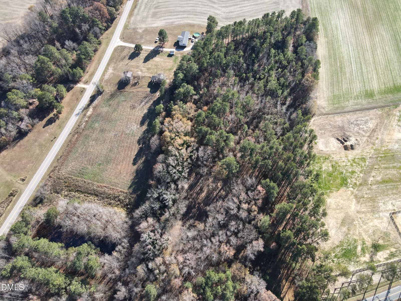 Aerial view of a rural area with a road, a few houses, fields, and a dense cluster of trees. The landscape shows a mix of cleared land, forest, and agricultural areas under bright daylight.