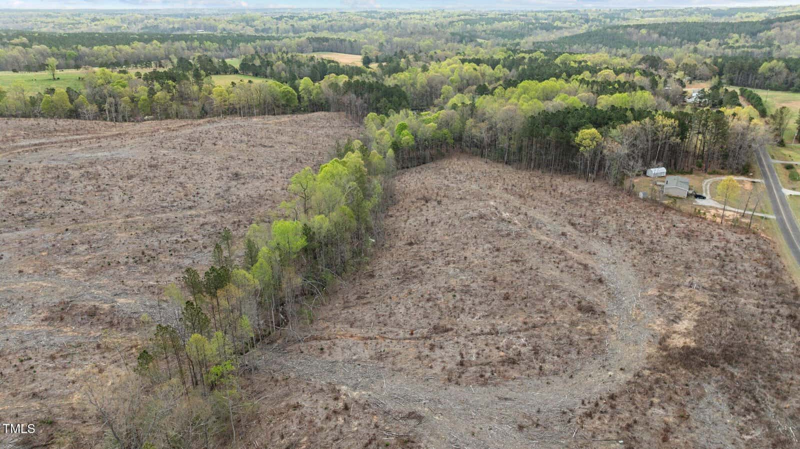Aerial view of a large recently cleared forest area with patches of remaining trees, a winding dirt path, and a few houses near a road on the right side. Lush green woods and open fields are visible in the background.