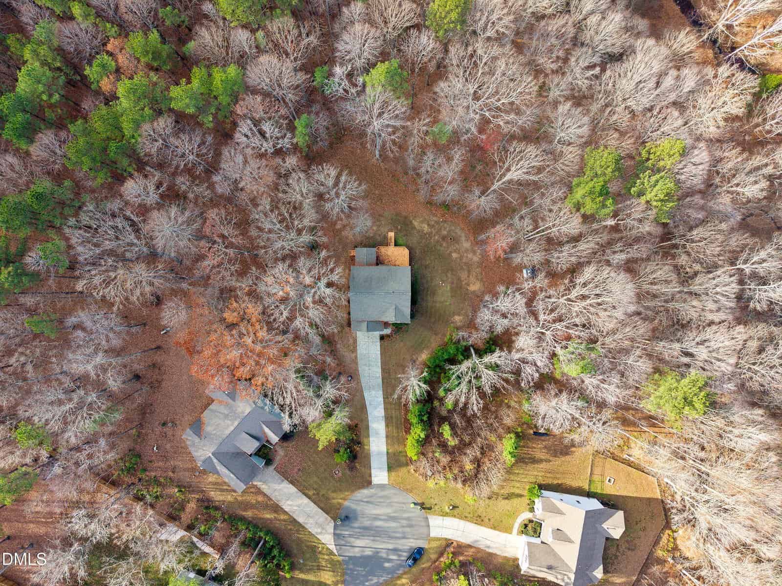 Aerial view of a cul-de-sac with three houses surrounded by trees, some with leaves and some bare. The central house has a long driveway; the properties are separated by lawns and wooded areas.