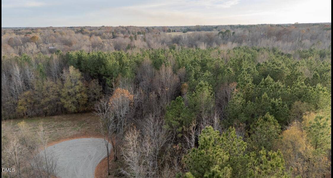 Aerial view of a forested area with a mix of evergreen and deciduous trees, some with autumn foliage. A small gravel cul-de-sac is visible in the lower left corner. Sky is partly cloudy.