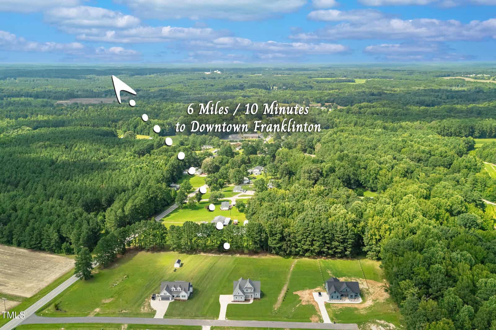 Aerial view of a rural neighborhood with several houses, surrounded by dense trees and open fields. Text and arrows indicate the area is 6 miles or 10 minutes from downtown Franklinton.