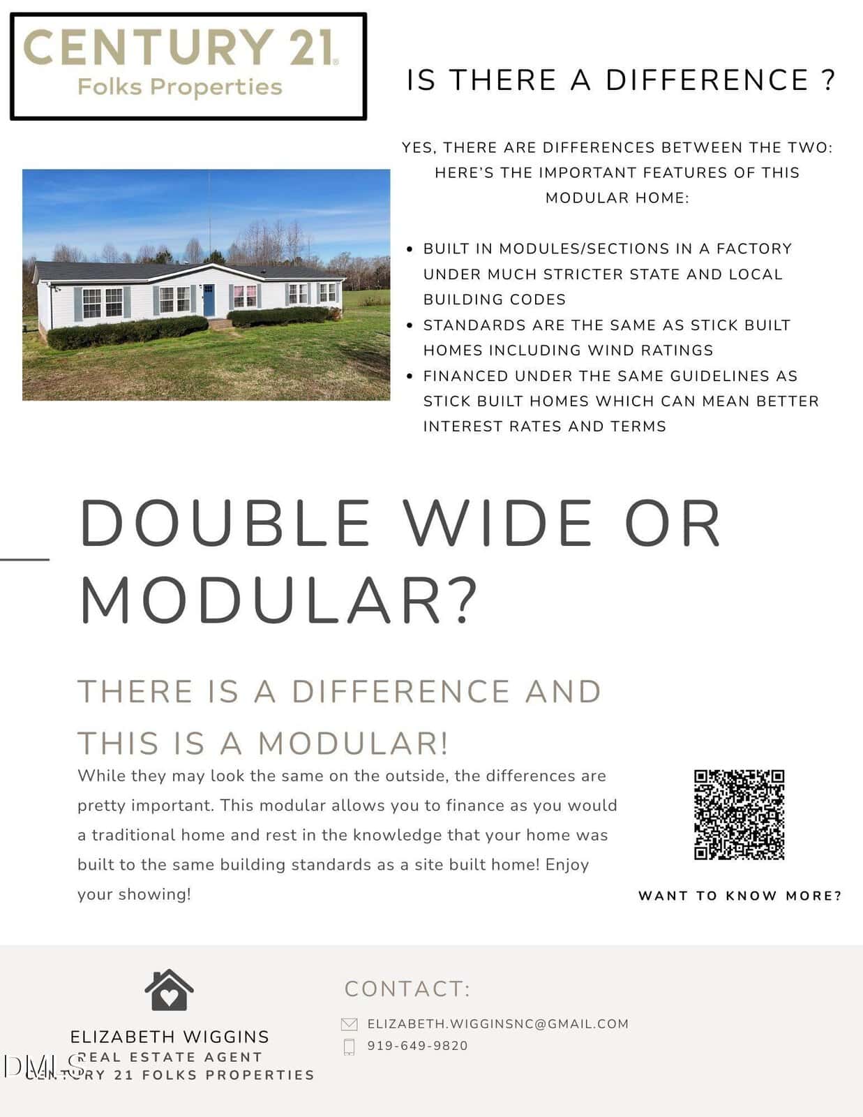 Informational flyer for Century 21 Folks Properties about modular homes, their features, differences from double wides, and contact details for realtor Elizabeth Wiggins. Modern house image and company branding included.