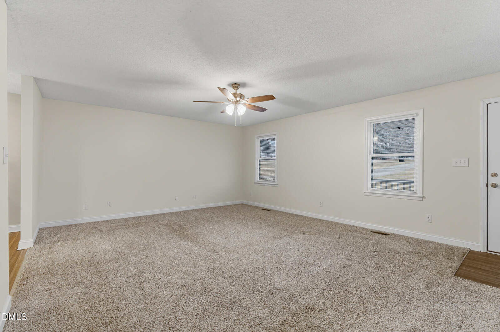 Spacious living room with beige carpet, cream-colored walls, ceiling fan with lights, and two windows letting in natural light. A door is visible on the right wall.