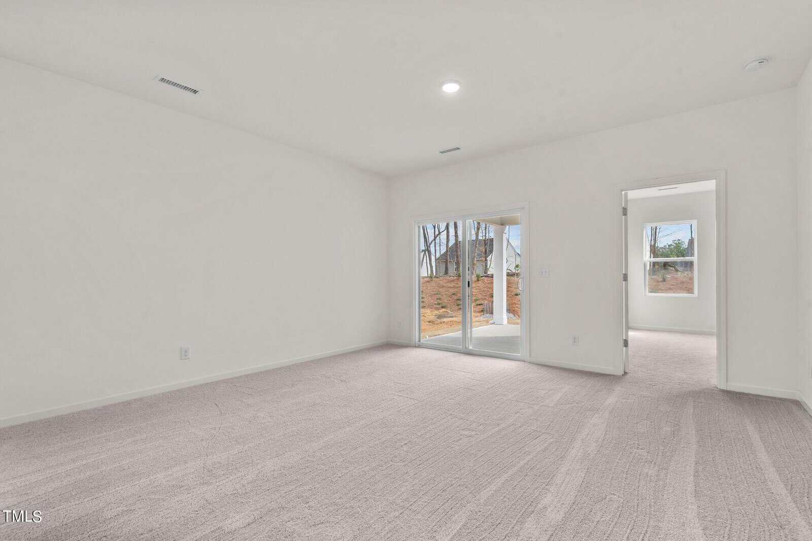 Empty room with light beige carpet, white walls, a ceiling light, a windowed door leading outside, and a doorway to another room with windows. The space appears bright and spacious with natural light.