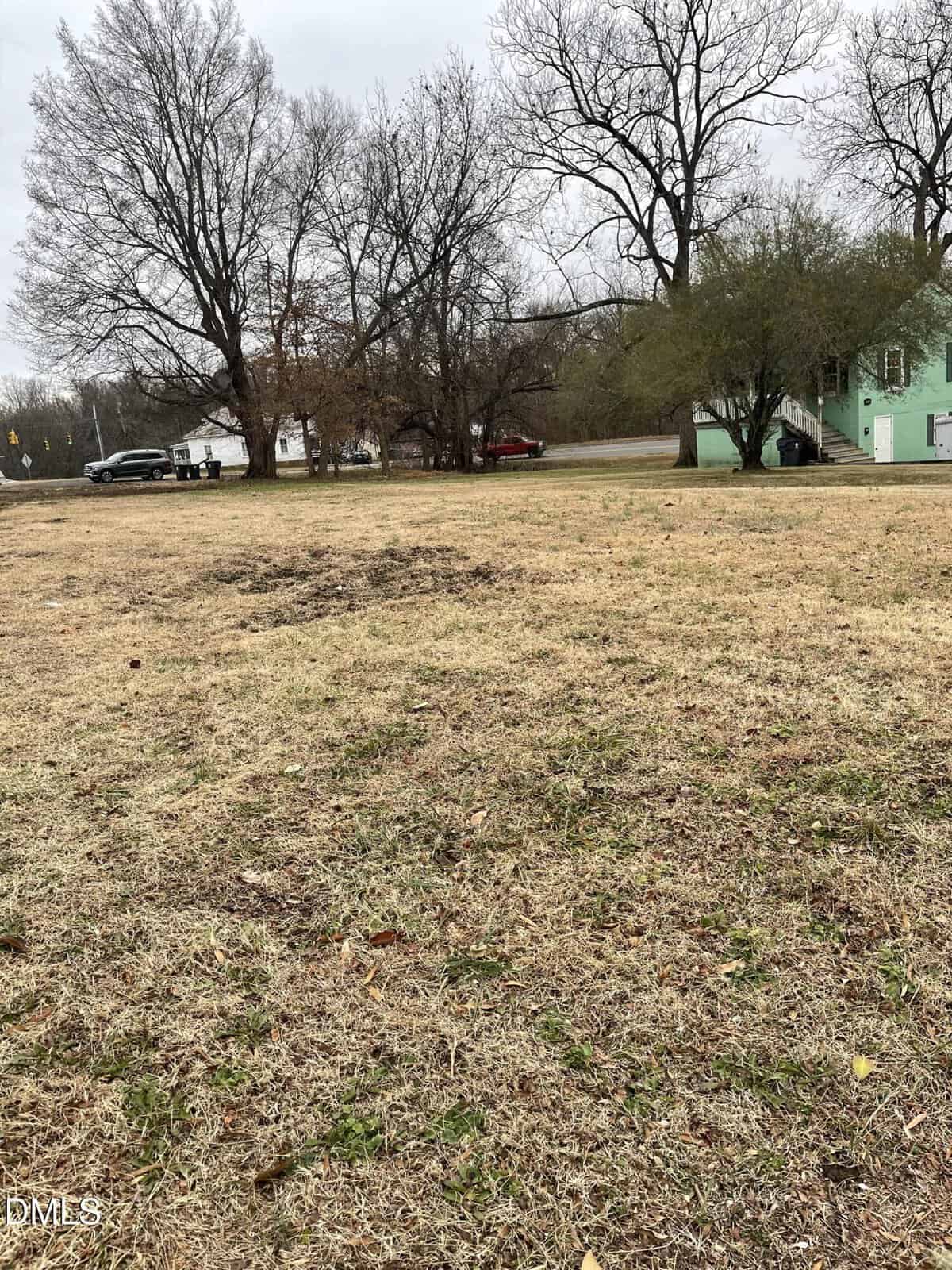 A grassy, mostly empty lot with some bare patches, bordered by leafless trees. Several cars are parked near a street, and a green building is visible on the right. The sky appears overcast.