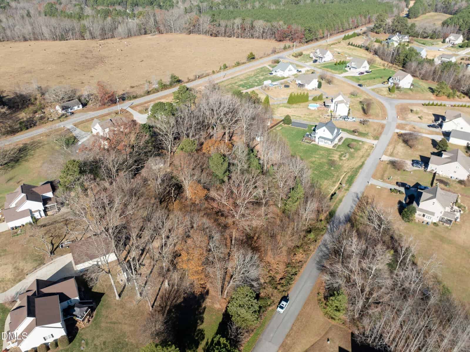 Aerial view of a suburban neighborhood with houses, roads, and a wooded area in the center. Surrounding the homes are open fields and patches of trees, with clear roads connecting the residential properties.