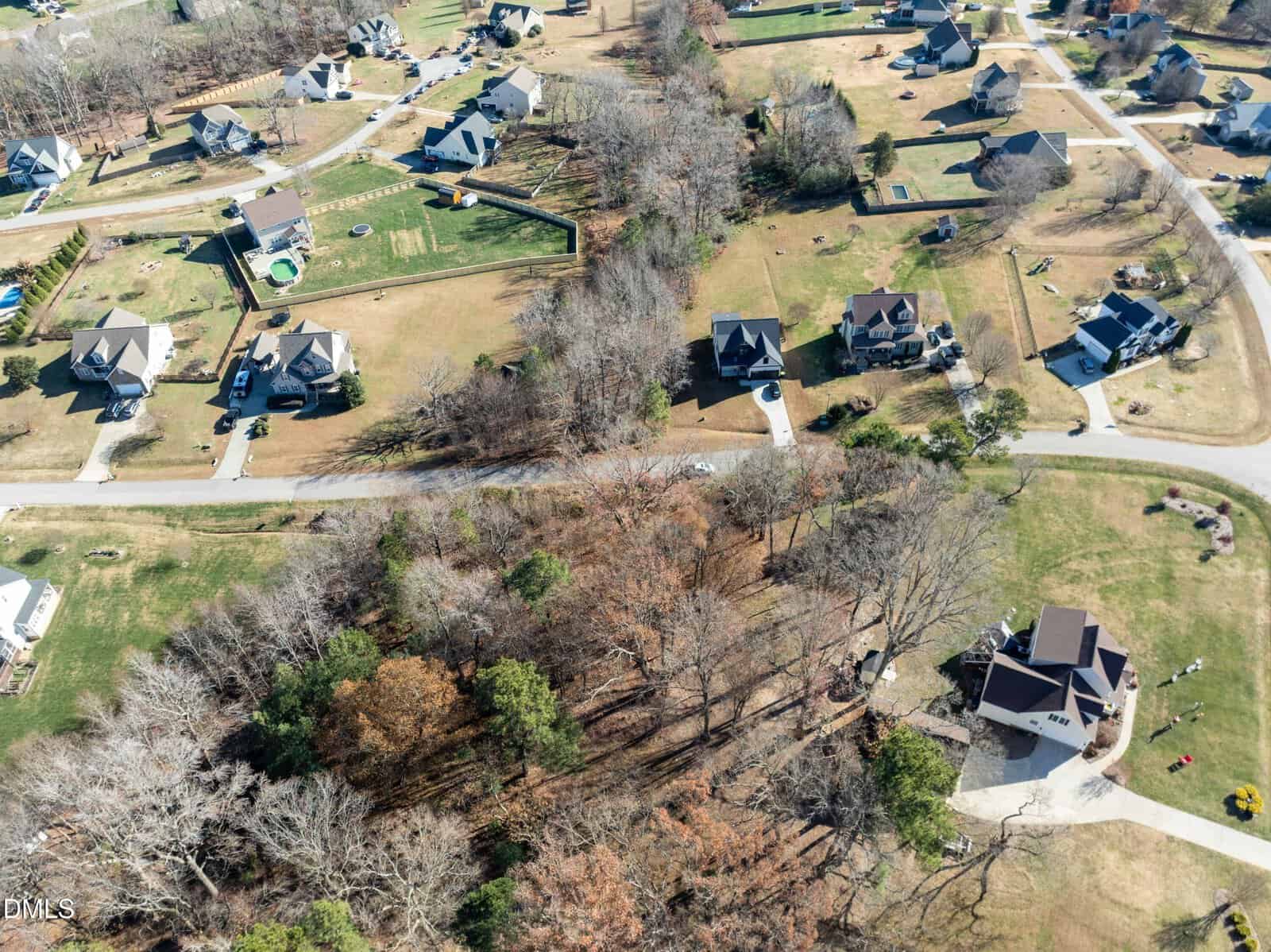 Aerial view of a suburban neighborhood with several houses, driveways, roads, and yards. Trees with bare branches are clustered in the center and bottom of the image, showing a mixture of open and wooded areas.