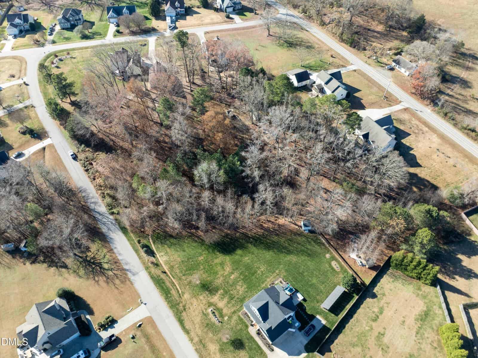 Aerial view of a suburban neighborhood with detached houses, tree-filled yards, curved roads, and open grassy areas. Some properties have driveways and cars visible, surrounded by leafless trees and patches of brown grass.