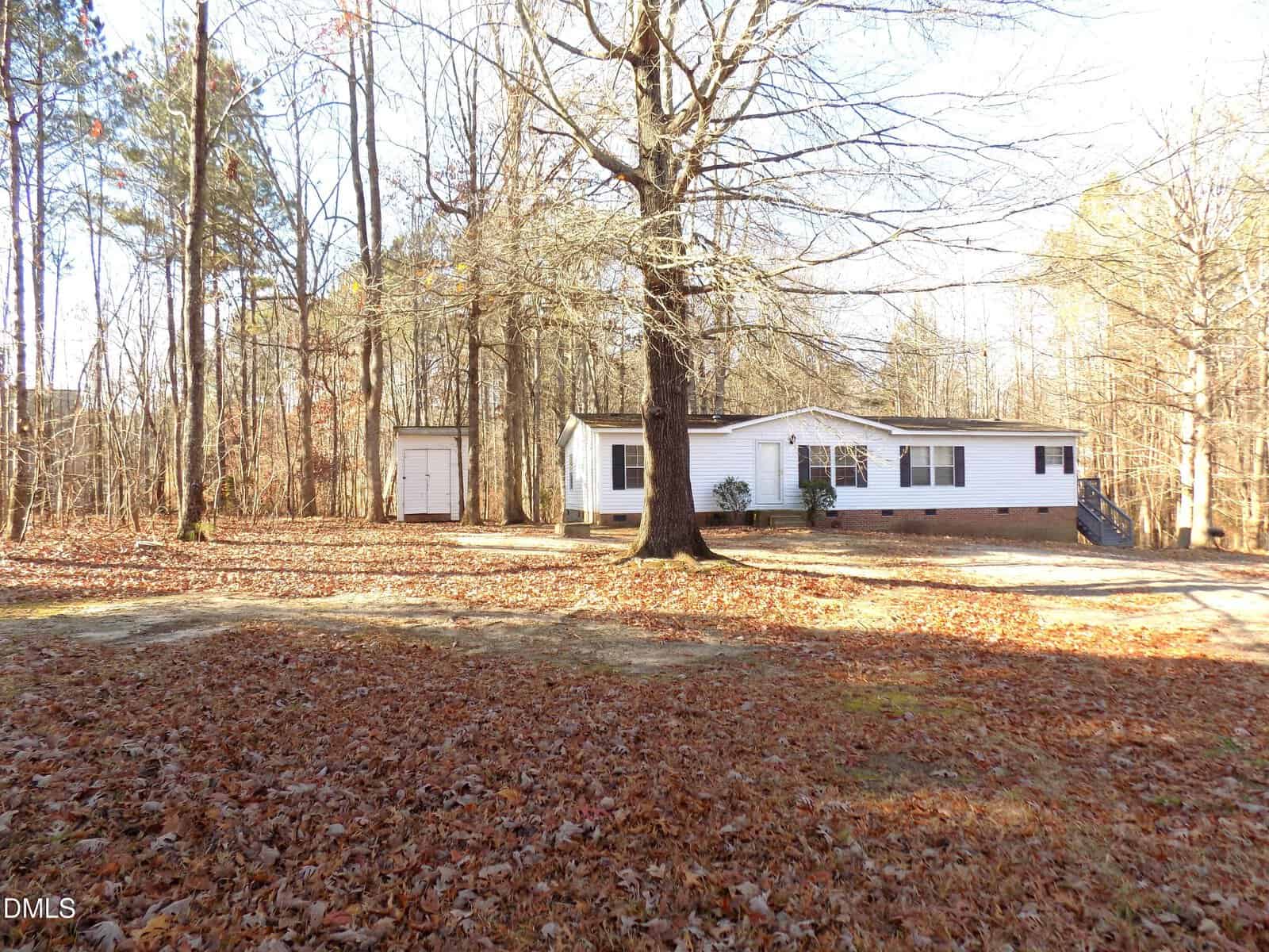 A white single-story house with a small shed sits among leafless trees. The yard is covered with brown fallen leaves, and a driveway leads up to the house. The scene appears calm and sunlit.