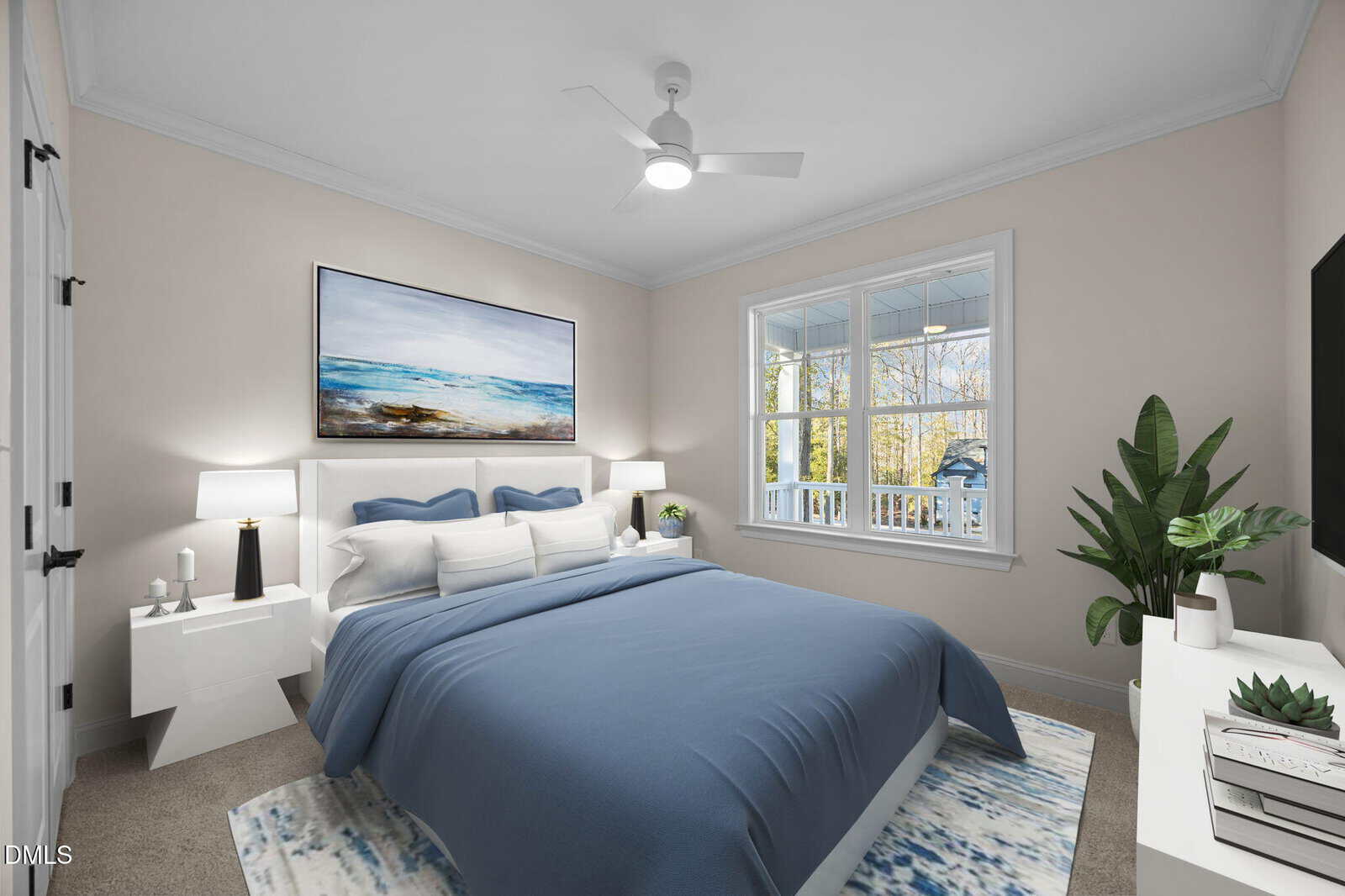 A modern bedroom with a blue and white theme, a large bed, two nightstands with lamps, a seascape painting above the bed, a TV, a plant, and a window showing trees and part of a car outside.