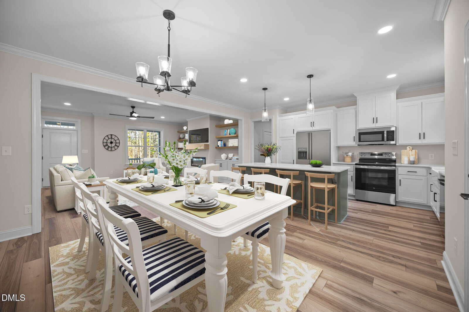 Bright, modern open-concept kitchen and dining area with white cabinets, wood floors, dining table set for four, bar seating, and connected living space. Neutral tones and ample lighting create a welcoming feel.