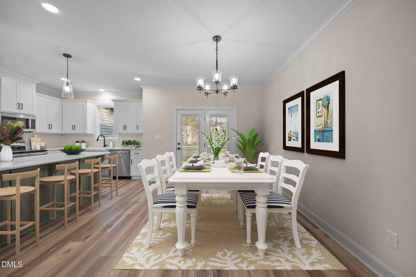 Bright dining and kitchen area with a white table and six chairs on a beige rug, green and white decor, kitchen island with stools, white cabinets, and two framed artworks on a light beige wall.