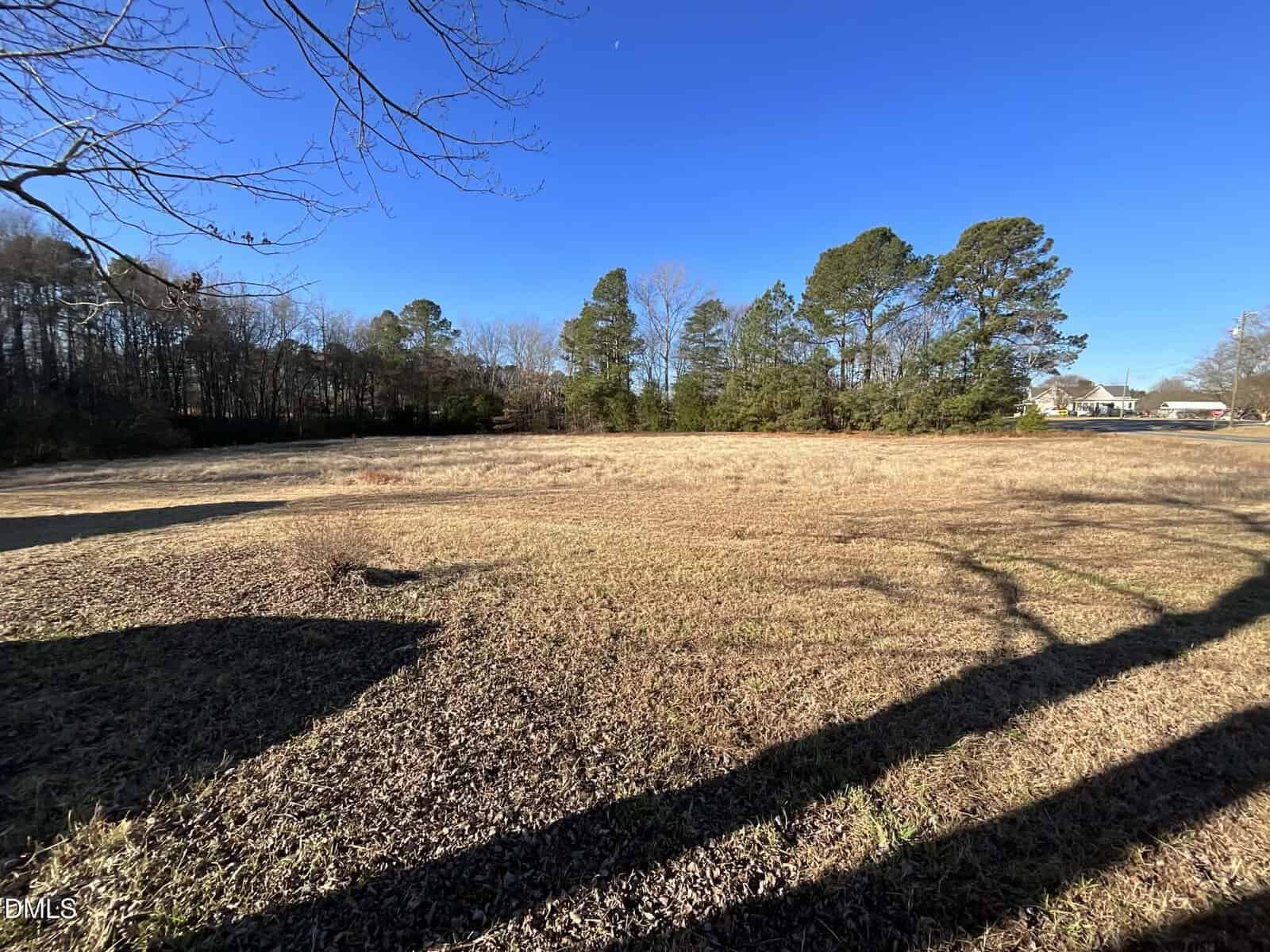 A grassy, open field bordered by trees under a clear blue sky stretches invitingly at 10 Sutton Road, Louisburg. Shadows from nearby trees reach across the ground, while some houses are visible in the distance on the right side of the image.