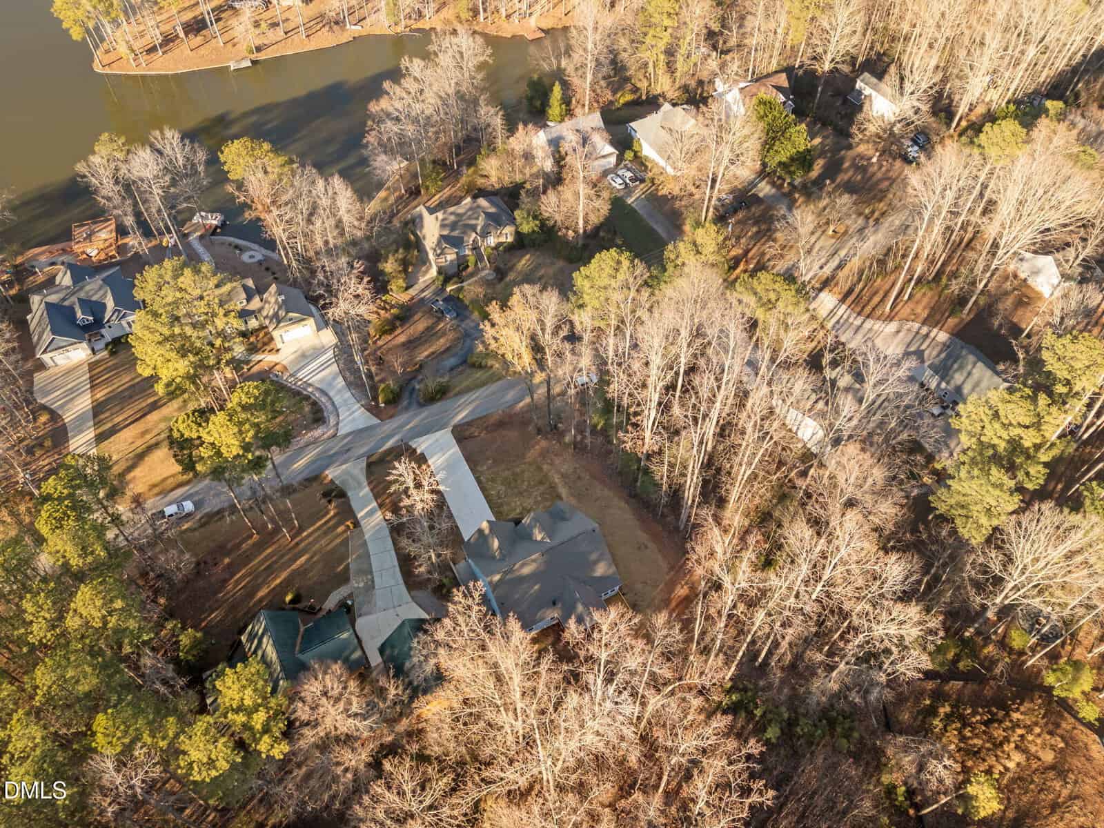 Aerial view of a suburban neighborhood with houses surrounded by trees, intersecting roads, and a nearby body of water. Most trees are leafless, suggesting a winter or early spring season.