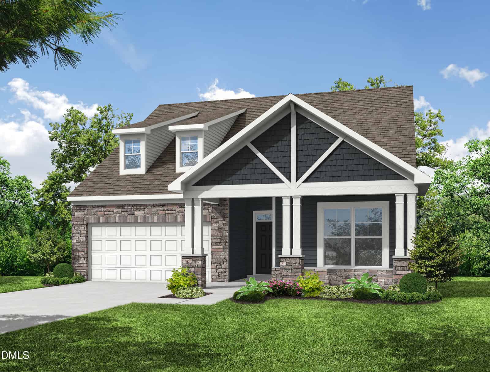 Nestled at 280 Sawtooth Oak Lane in Youngsville, this two-story house features dark siding, white trim, stone accents, and a covered front porch. It offers a double garage and is surrounded by lush grass, shrubs, and mature trees under a blue sky with scattered clouds.