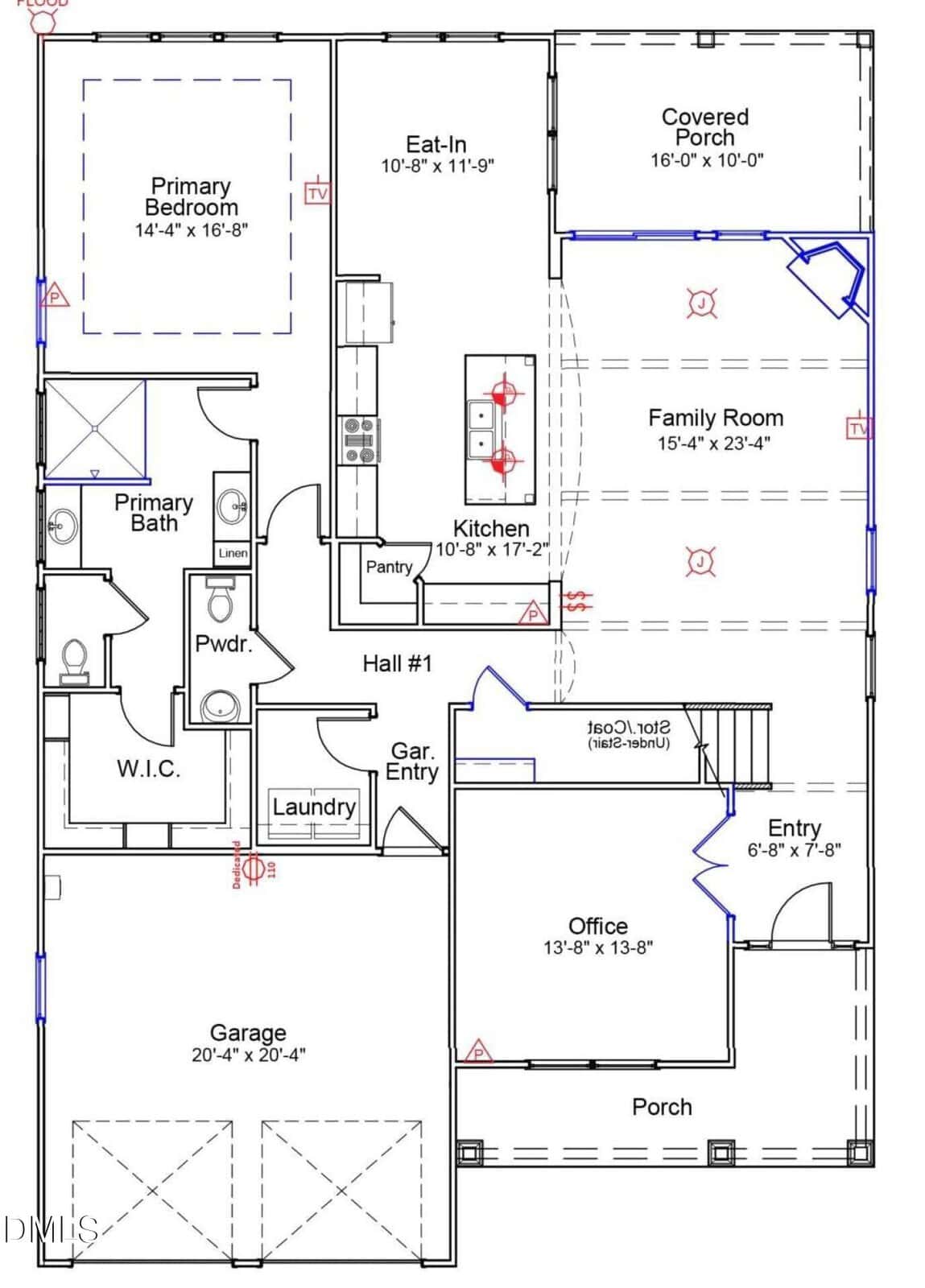 Floor plan layout showing rooms including primary bedroom and bath, walk-in closet, kitchen, eat-in area, family room, covered porch, laundry, office, entry, garage, and porch, with room dimensions labeled.