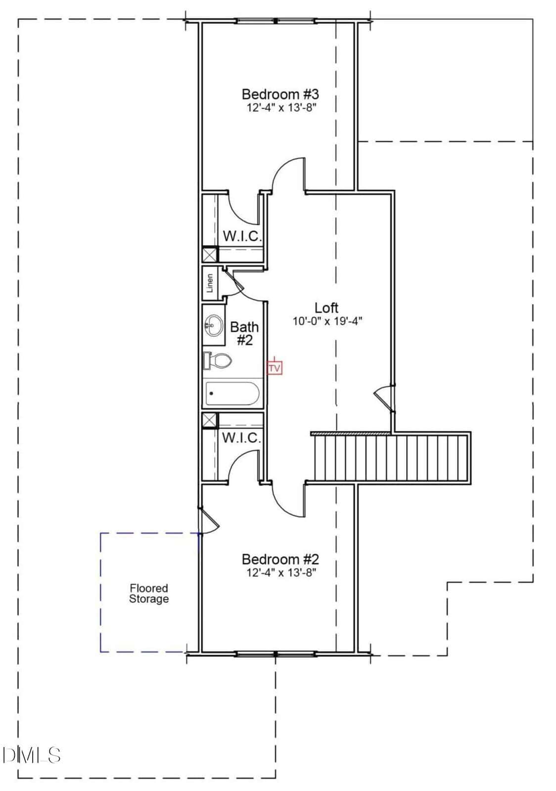 Black and white floor plan showing two bedrooms, each with a walk-in closet, a loft area, a bathroom, and floored storage. Stairs lead up to the loft, which is centrally located between the bedrooms.