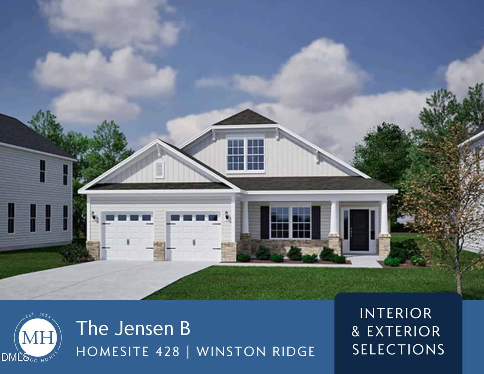 A modern two-story house with light siding, gray roof, and stone accents. A double garage and porch are at the front. Blue sky with scattered clouds above. Text overlay highlights home details and design selections.