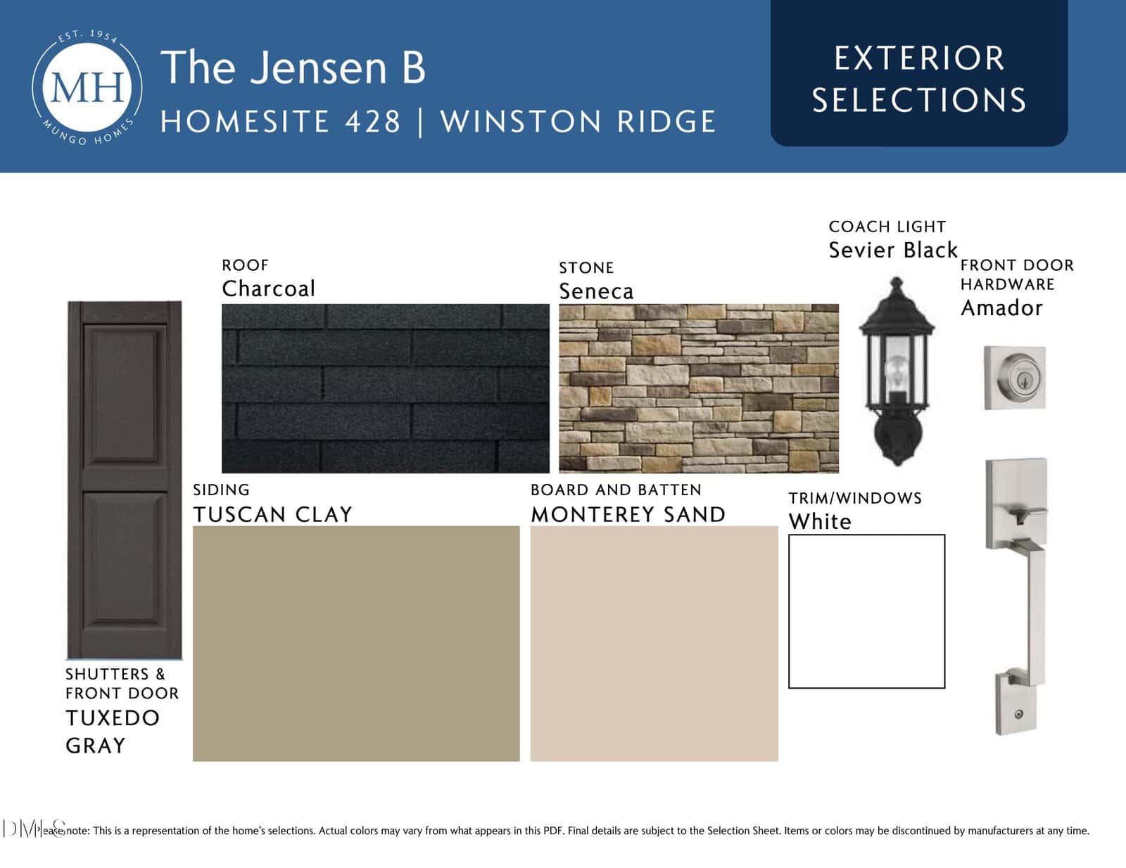 Exterior selections board for The Jensen B home, featuring roofing, siding, stone, trim, shutter, and hardware samples with color names like Tuscan Clay, Seneca, Tuxedo Gray, and Monterey Sand.