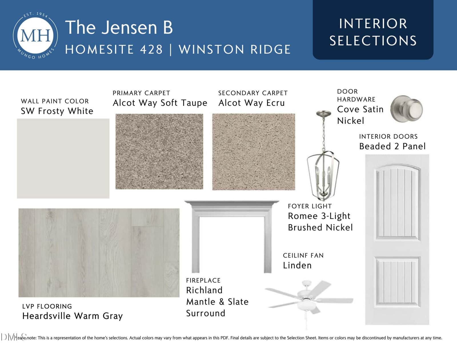 Interior selections board for The Jensen B model, showing wall paint, carpeting, flooring, fireplace, cabinetry, doors, hardware, and a brushed nickel foyer light, all in neutral tones.