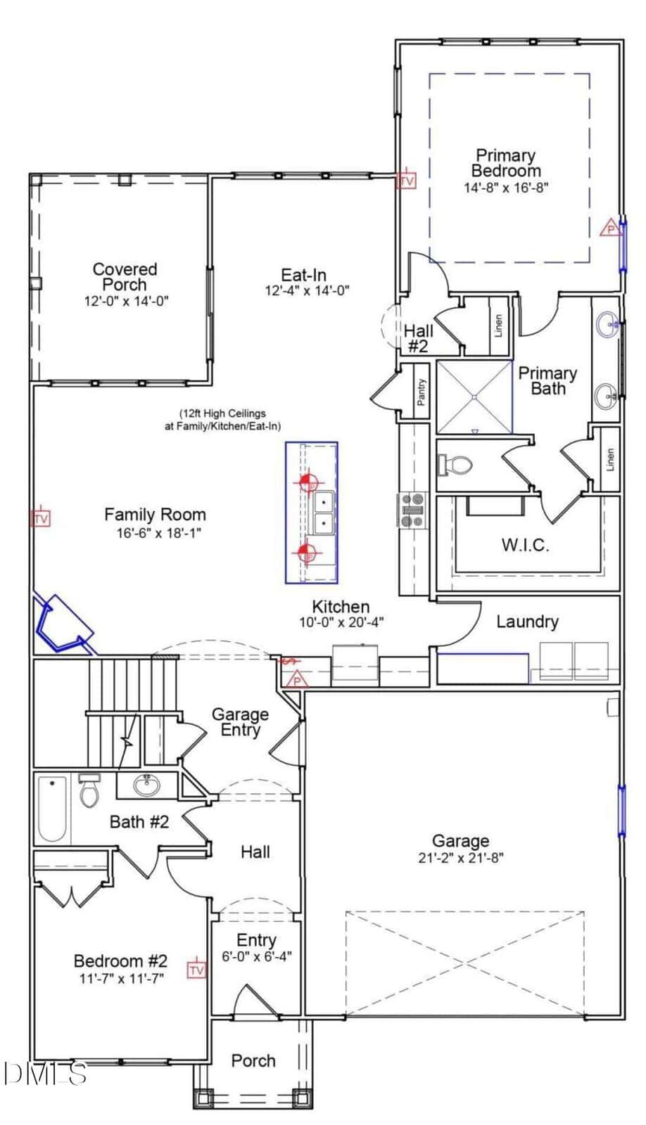 Floor plan of a single-story house showing a garage, porch, two bedrooms, two bathrooms, kitchen, family room, laundry, walk-in closet, covered porch, and hallways connecting each area. Room dimensions and labels are included.