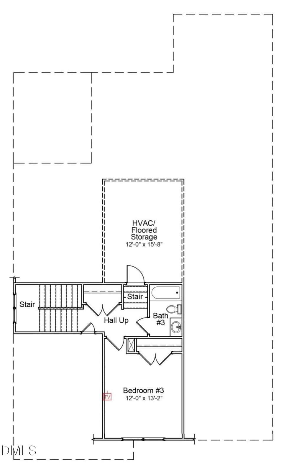 Black and white floor plan showing a stairway, hallway, bedroom #3, bath #3, HVAC/floored storage area, and doors connecting each room. Room dimensions are labeled, with dashed lines indicating areas beyond this floor.