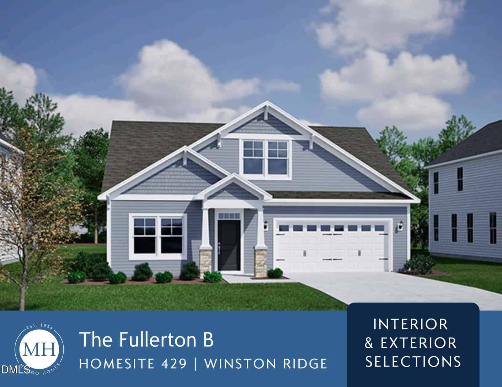 A two-story gray house with white trim, a covered porch, and a two-car garage is shown. The lawn is green with shrubs, and the sky is blue with some clouds. Text overlay provides home and community details.
