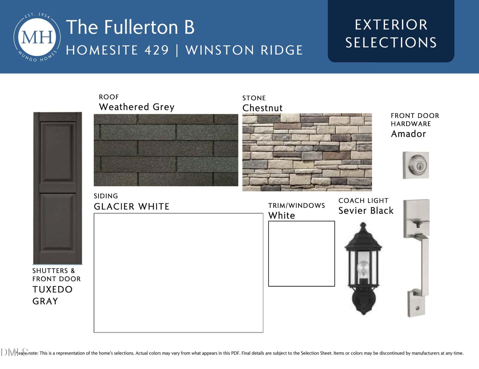 Exterior selections board for The Fullerton B home, showing samples of weathered grey roof, chestnut stone, glacier white siding, tuxedo gray shutters and door, white trim, sevier black coach light, and amador door hardware.