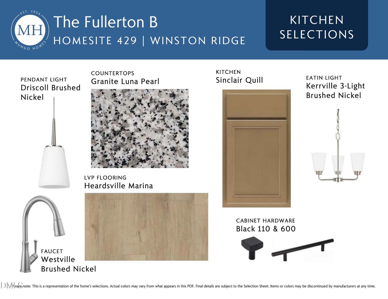 Kitchen selections mood board for The Fullerton B home: includes granite Luna Pearl countertops, Sinclair Quill cabinets, brushed nickel faucet and pendant light, eat-in light fixture, Hearsdville Marina flooring, and black cabinet hardware.