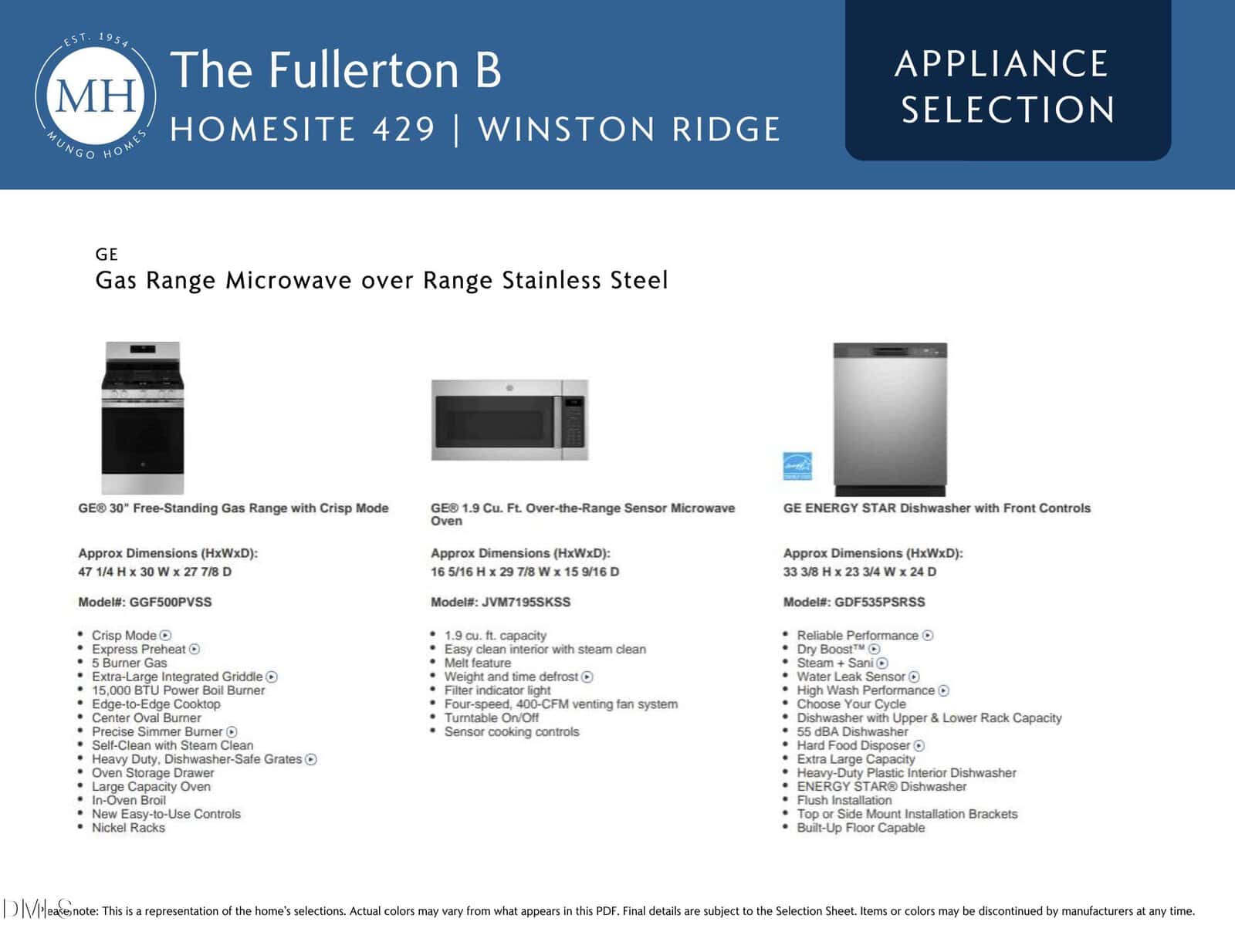 Appliance selection sheet for The Fullerton B at Winston Ridge showing images and details of a GE gas range, a GE microwave, and a GE dishwasher in stainless steel. Blue header and item descriptions are included.