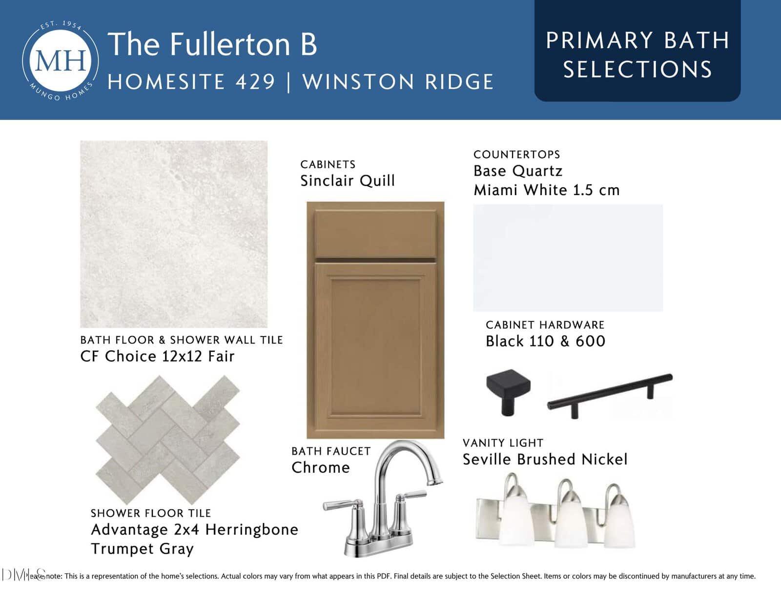 A bathroom design board showing cabinet in Sinclair Quill, countertops in Miami White quartz, cabinet hardware in black, CF Choice and Herringbone floor tiles, chrome bath faucet, and brushed nickel vanity light.