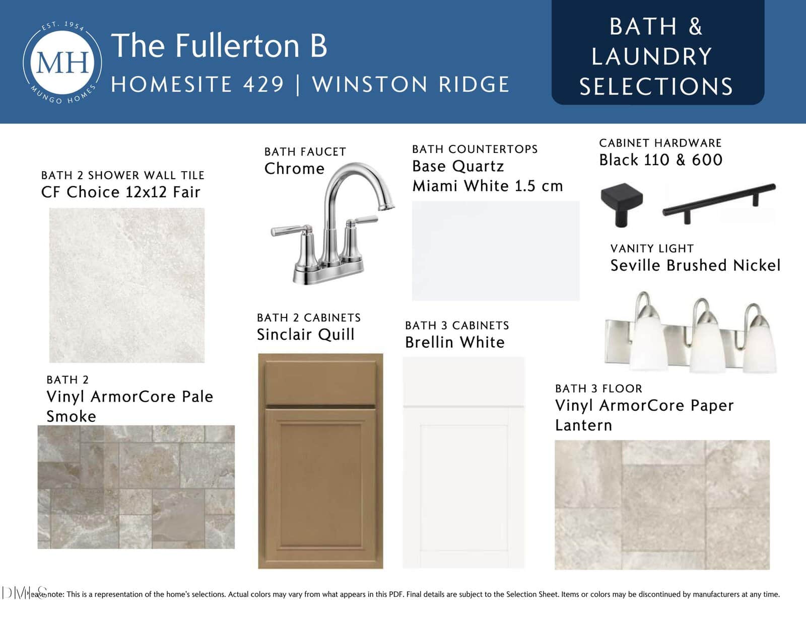 A design board for The Fullerton B bath and laundry selections shows tile, cabinet, countertop, and hardware options, including neutral tones, chrome faucet, base quartz countertop, and vinyl flooring samples.
