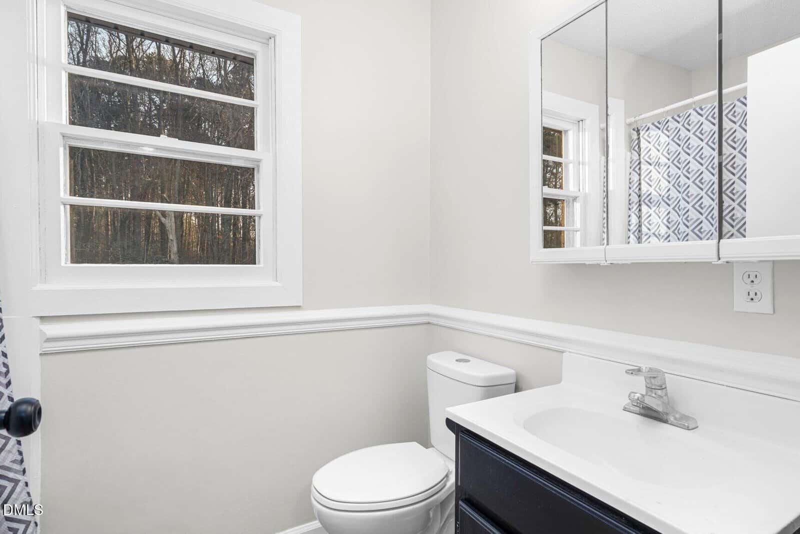 A bright bathroom with a window, a toilet, a white sink with a silver faucet, a mirrored cabinet, and a patterned shower curtain. The walls are light-colored with white trim.