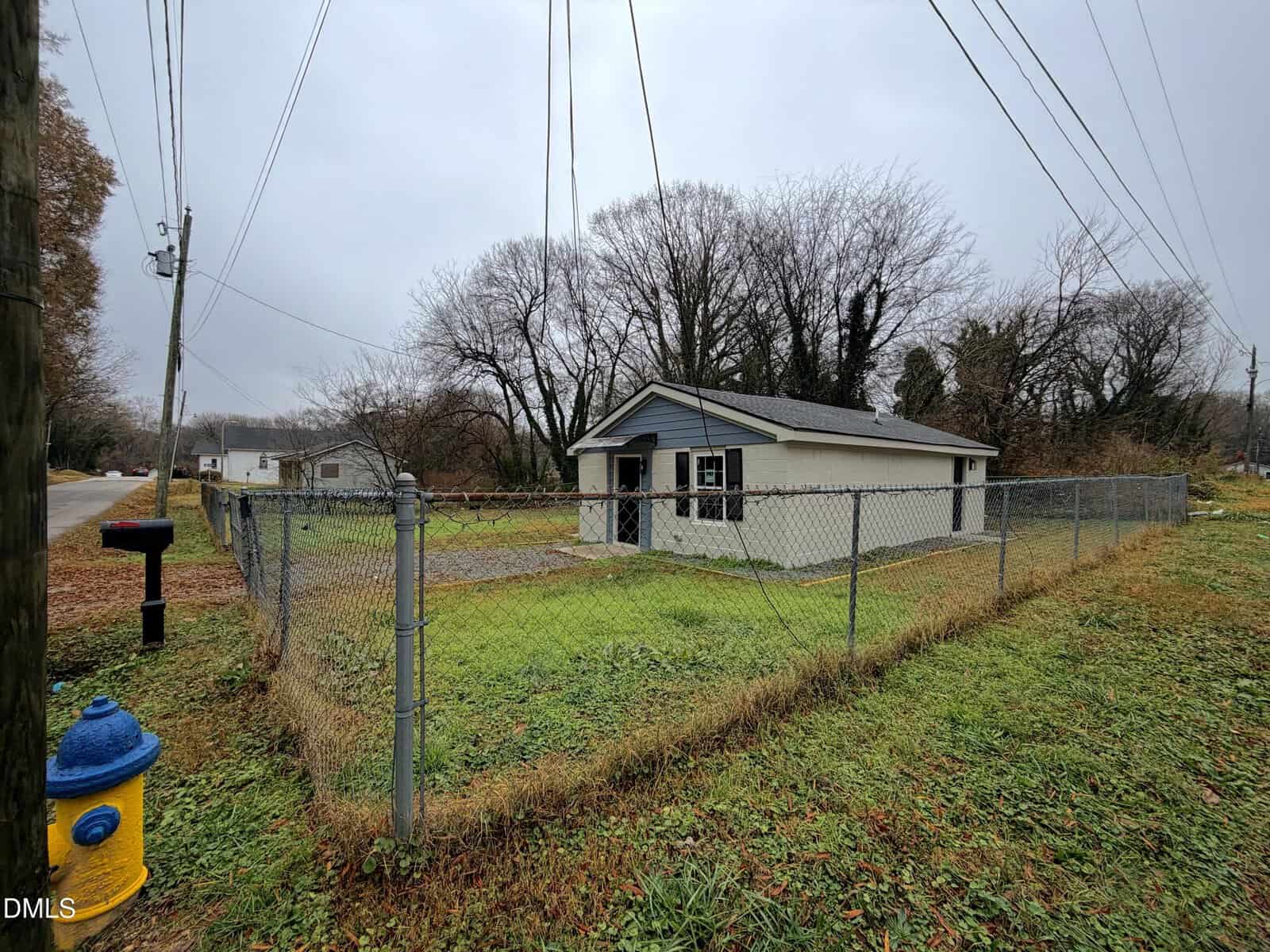 A small single-story house with white siding and a gray roof sits behind a chain-link fence on a grassy lot. A blue and yellow fire hydrant is near the fence, and utility lines run overhead on a cloudy day.