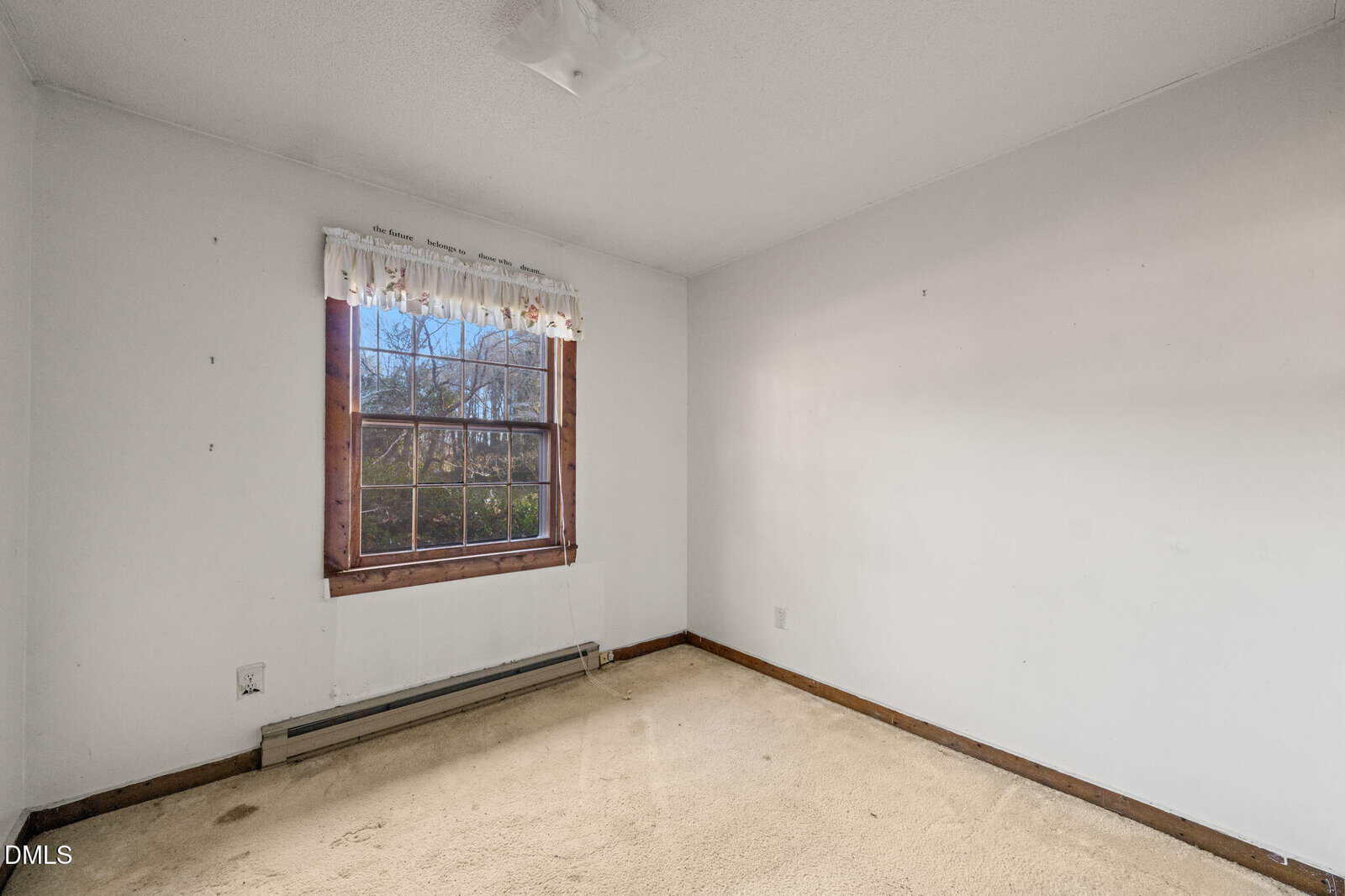 Small empty room with off-white walls, beige carpet, and a single window with a wooden frame and white valance. There is a baseboard heater below the window and natural light coming in.