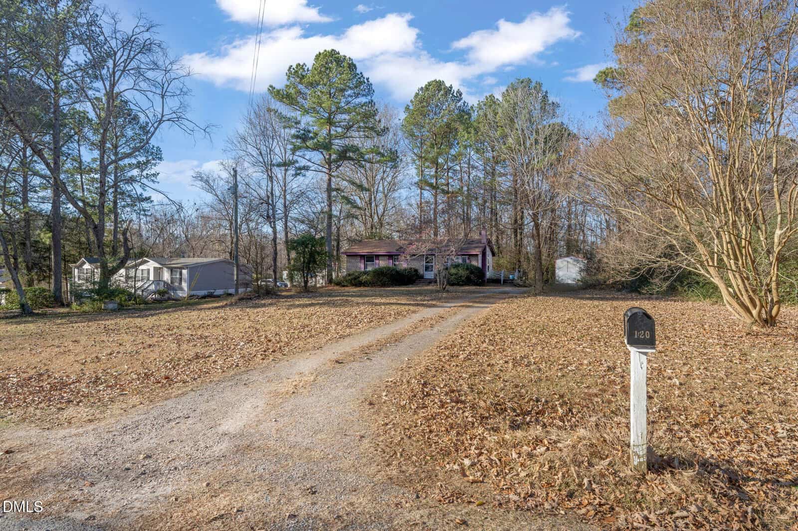 A gravel driveway leads to a small house surrounded by tall trees and fallen leaves, with a black mailbox marked "320" in the foreground under a blue sky with scattered clouds.