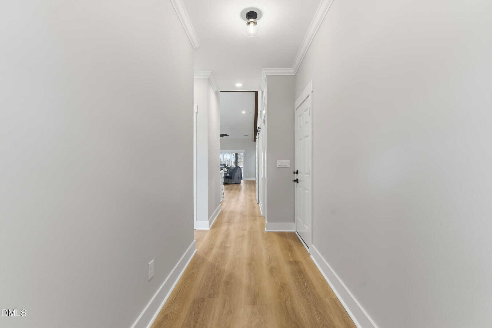 A hallway with light-colored walls, wood flooring, white trim, and ceiling light leads to an open living area. A closed white door is on the right side of the hallway.