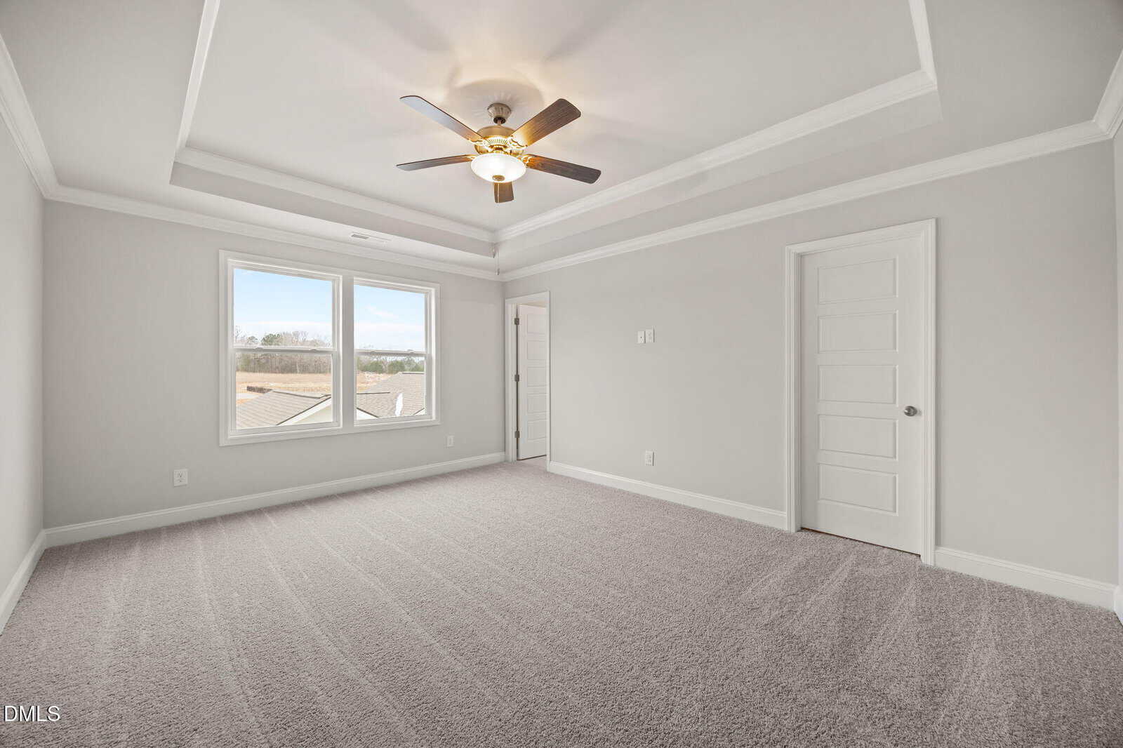 Bright, empty bedroom with light grey walls, tray ceiling, ceiling fan, two windows, closed white door, and carpeted floor. Natural light comes in from the windows, creating a clean and spacious feel.