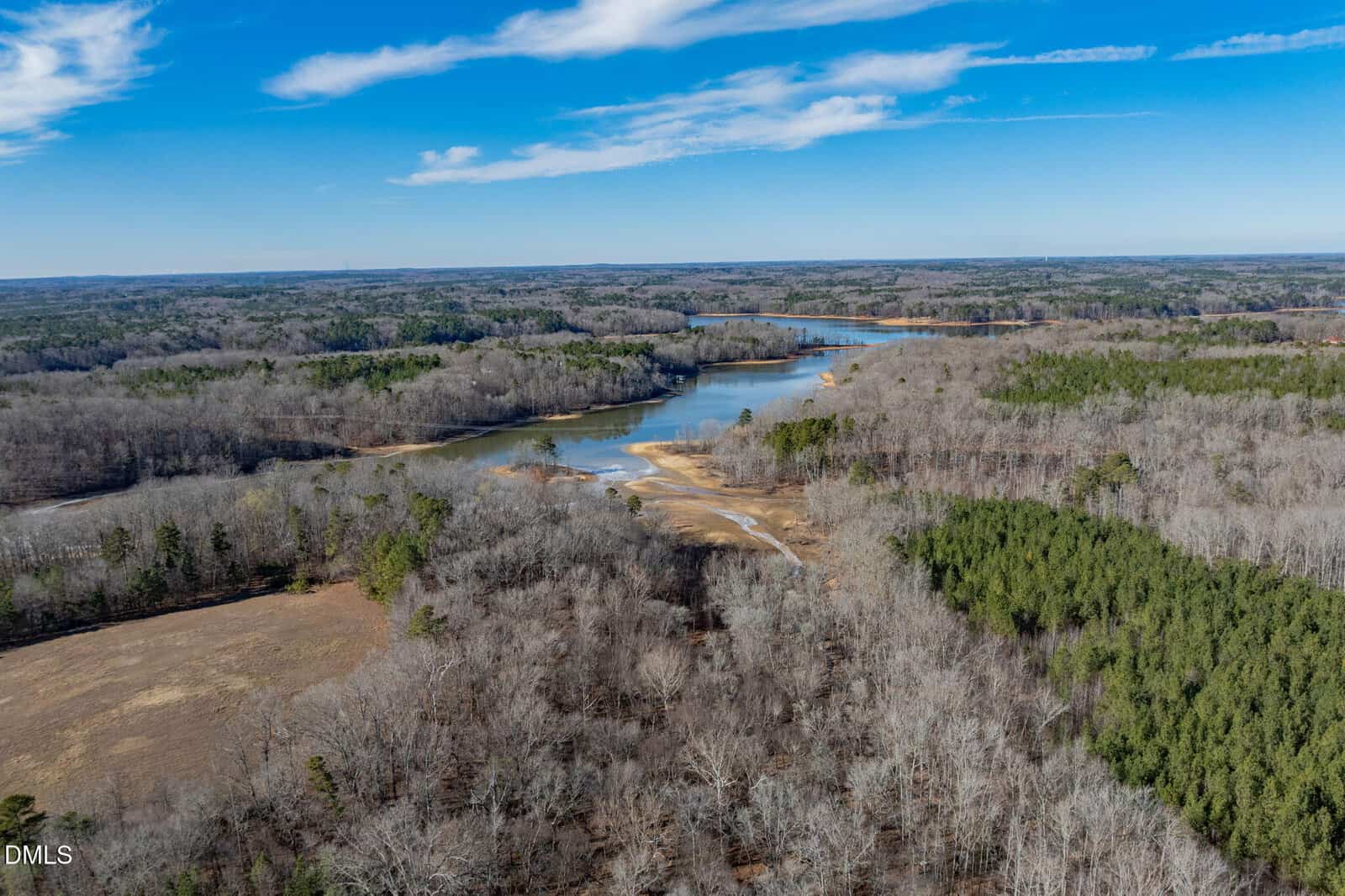 Aerial view of a winding river or lake surrounded by leafless trees and patches of green forest under a blue sky with scattered clouds. The landscape appears to be in a rural area during winter or early spring.