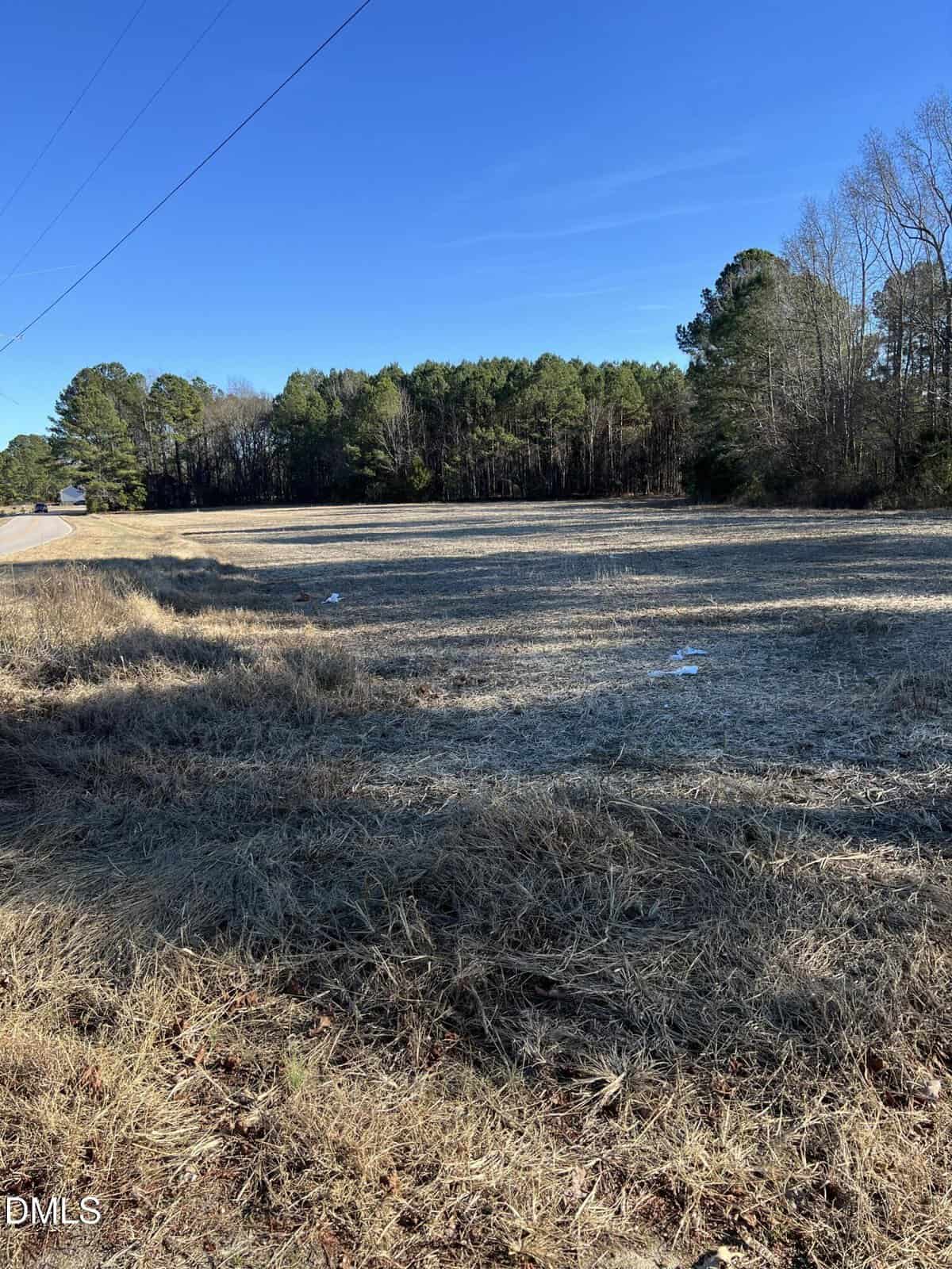 A grassy, partially mowed field next to a rural road, bordered by tall pine and deciduous trees under a clear blue sky. A few pieces of debris are scattered on the ground.