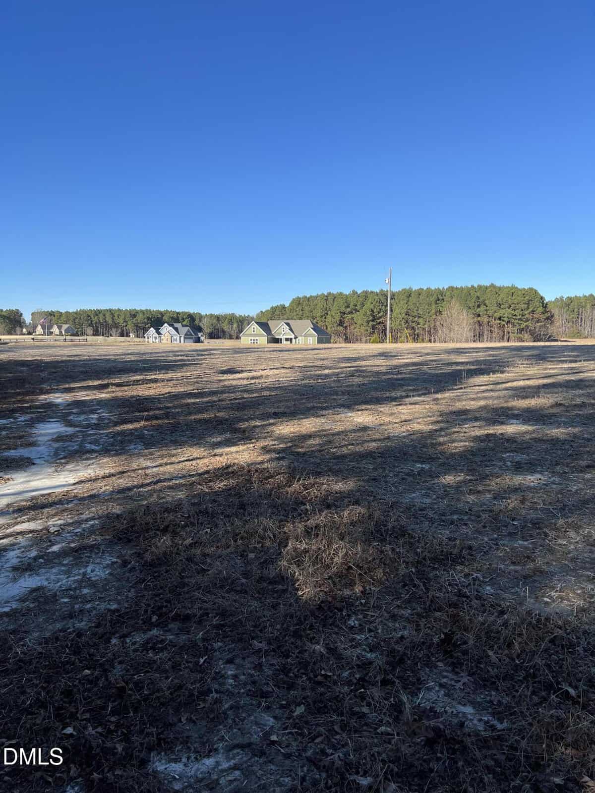 A wide, open field with patches of dry grass under a clear blue sky. Several houses and a line of trees are visible in the distance, with long shadows cast across the ground.