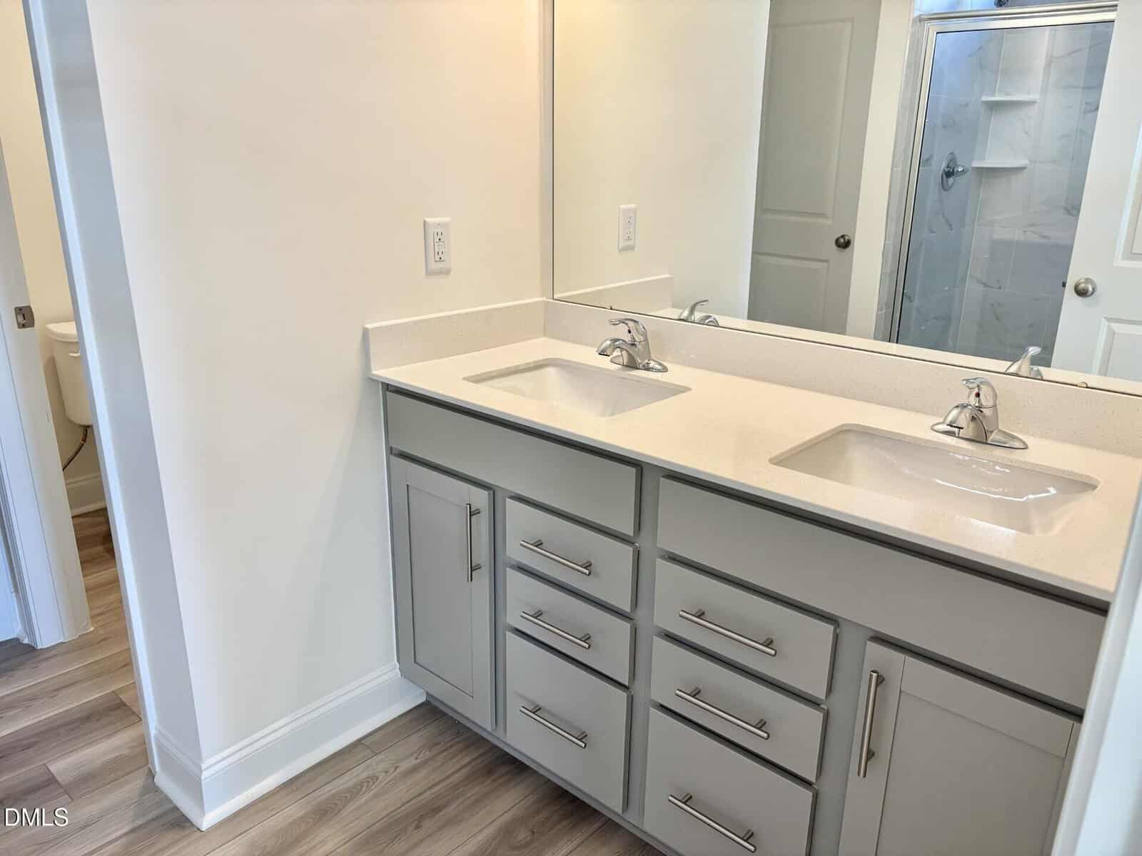 Modern bathroom with a double-sink vanity, light gray cabinets, and chrome faucets; a shower with glass door and a glimpse of a toilet in an adjacent room.