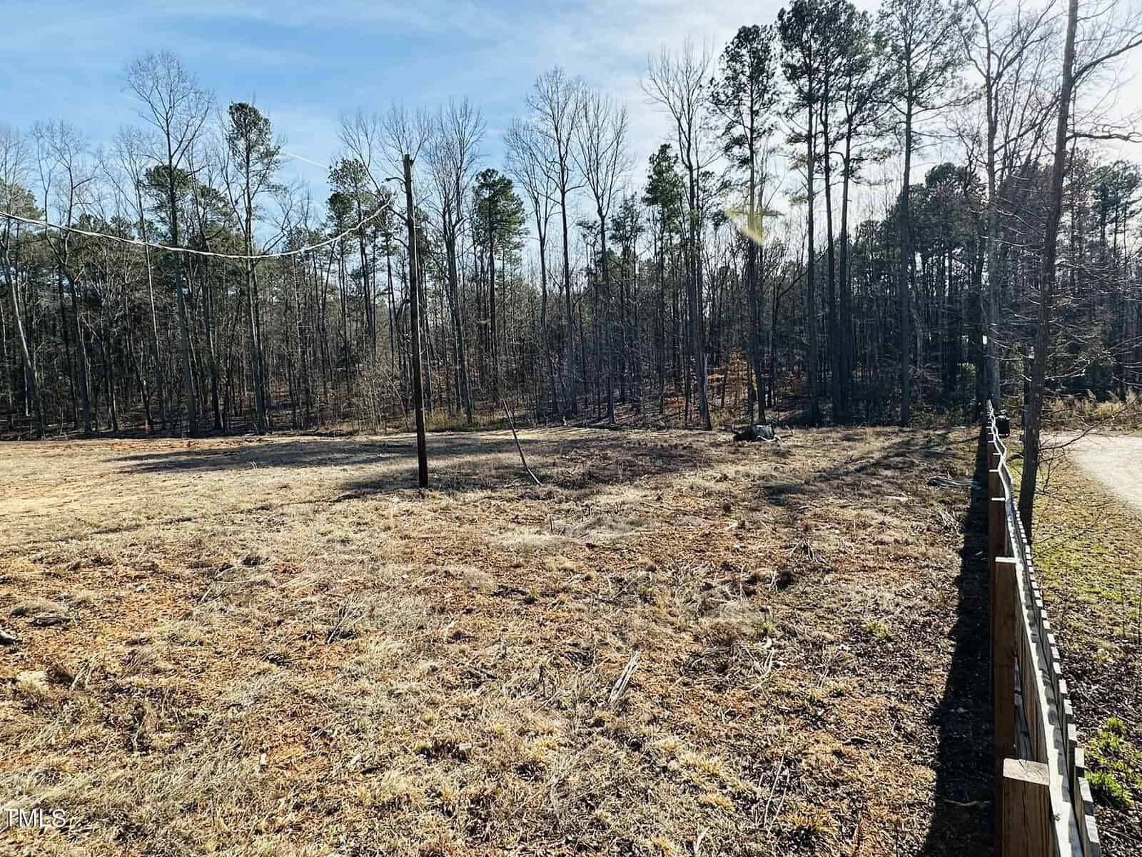 A grassy, mostly bare lot bordered by a wooden fence on the right. Sparse trees stand at the edge of the lot, with a wooded area and clear blue sky in the background. Two utility poles with a wire cross the scene.