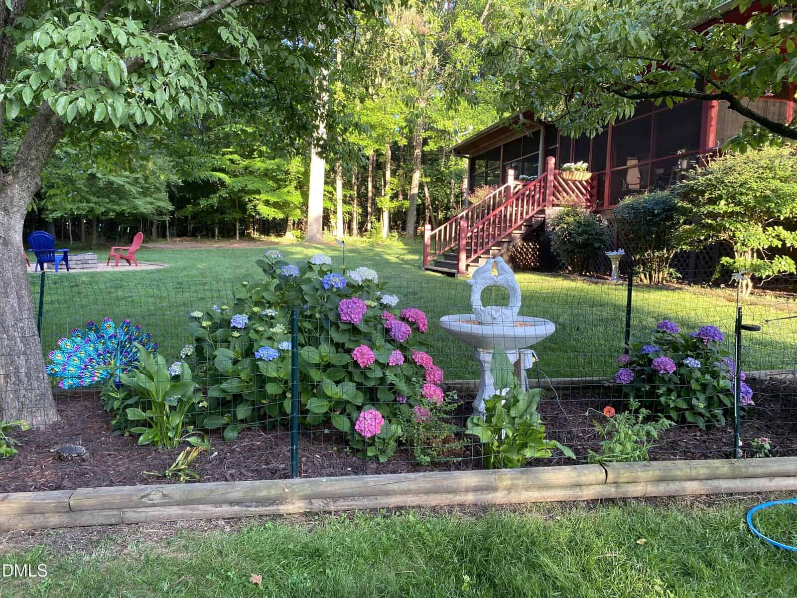 A garden with blooming hydrangeas surrounds a white birdbath, bordered by a low fence. A house with a porch and stairs is in the background, with lawn chairs and trees nearby on a sunny day.