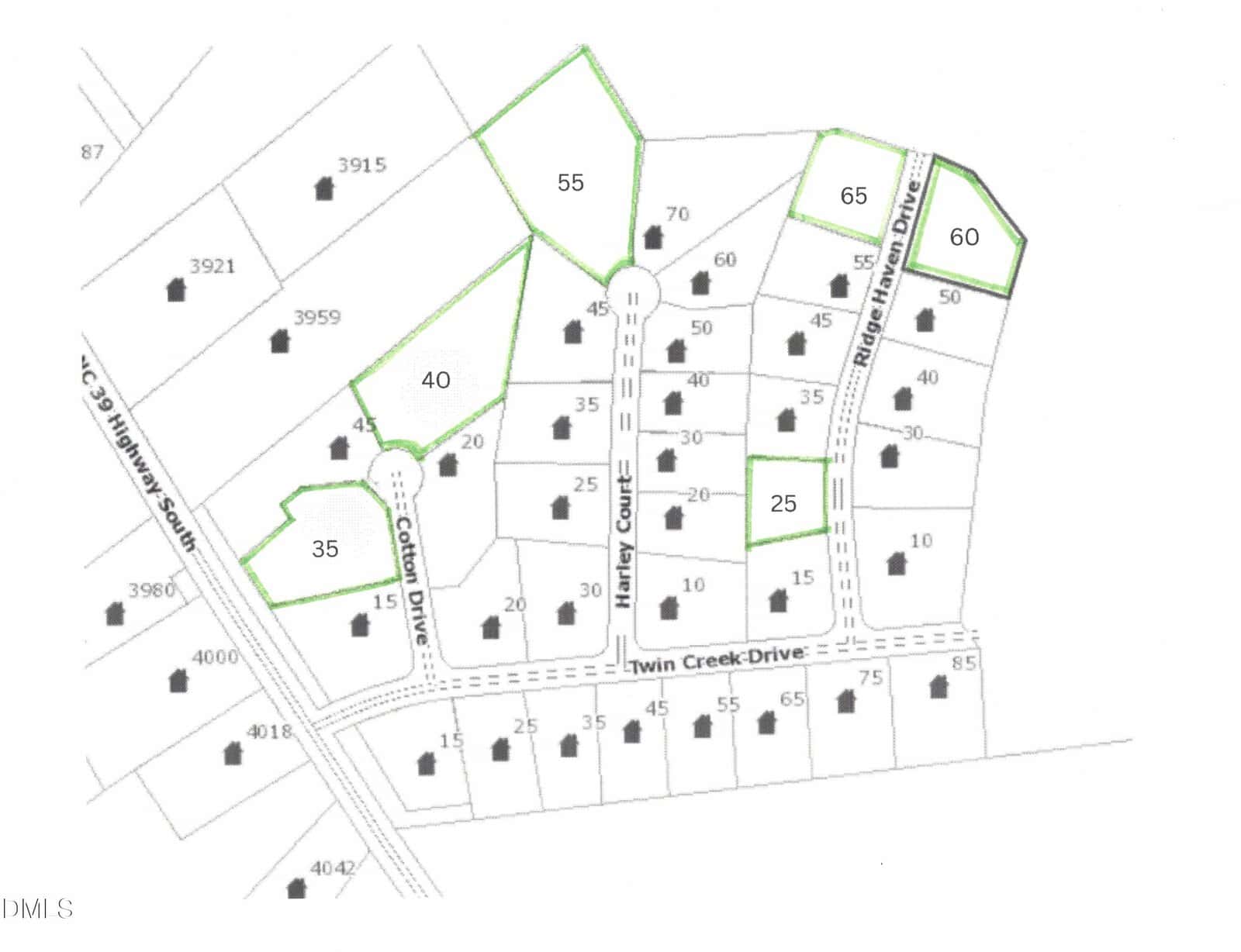A black and white plot map shows numbered lots within a neighborhood. Five lots are outlined in green and labeled with larger numbers: 40, 55, 50, 25, and 60. Roads and house icons are also visible.