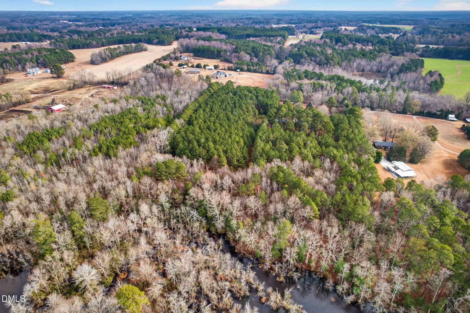 Aerial view of a rural landscape featuring dense green forests, leafless trees, a winding river, scattered houses, farmland, and open fields under a partly cloudy sky.