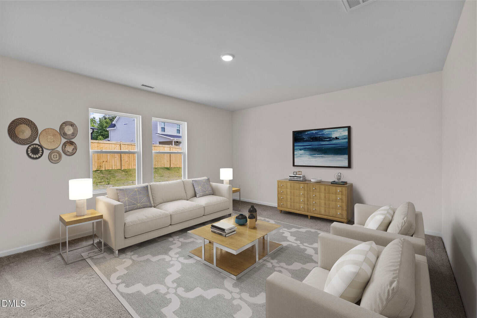 A modern living room with a beige sofa, two armchairs, a wooden coffee table, TV on a wooden cabinet, decorative wall plates, large windows, and a light gray patterned rug on a light carpeted floor.