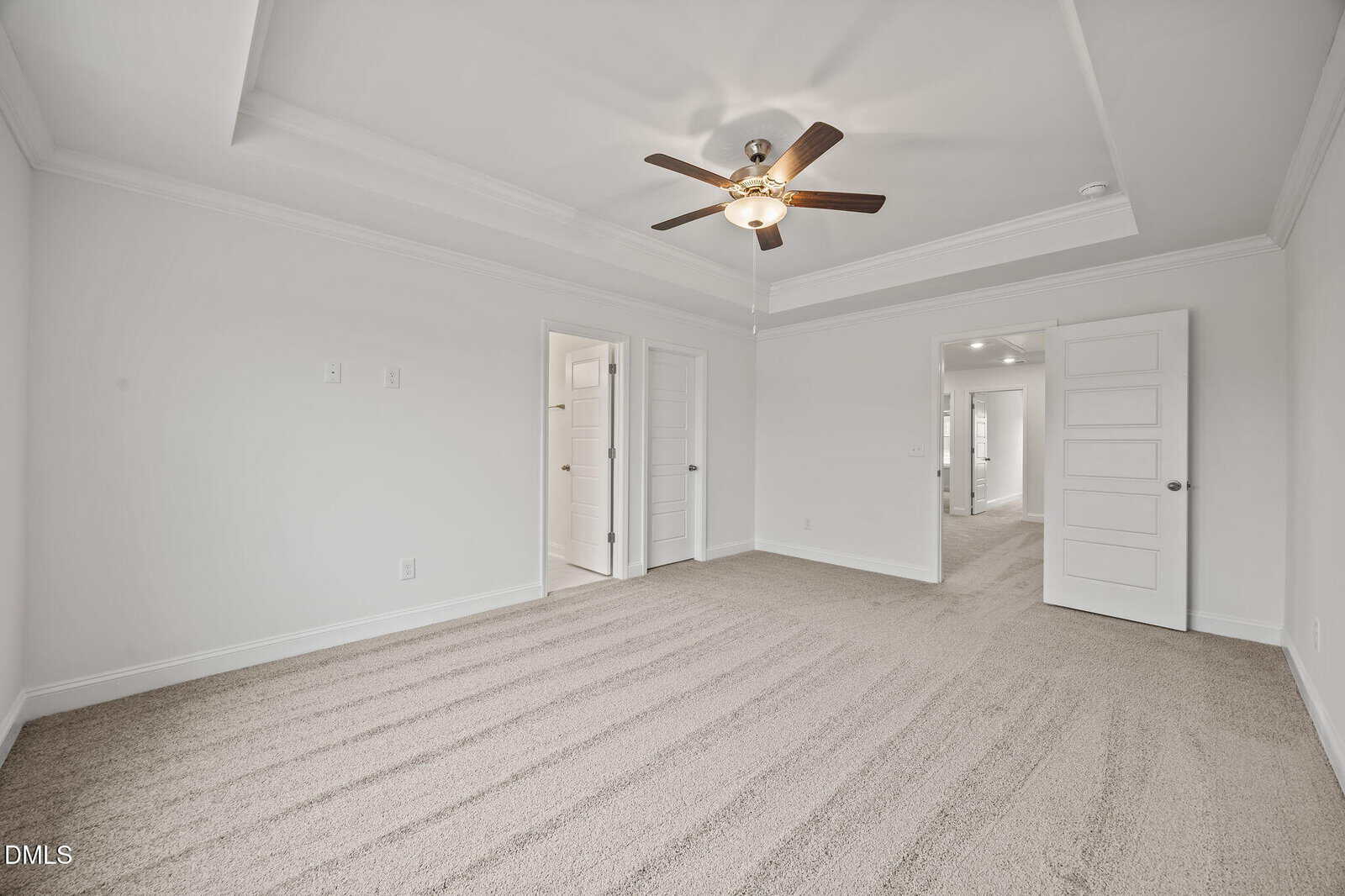Spacious empty bedroom with beige carpet, white walls, a tray ceiling, ceiling fan with light, and open doors leading to other rooms. Natural light brightens the space.