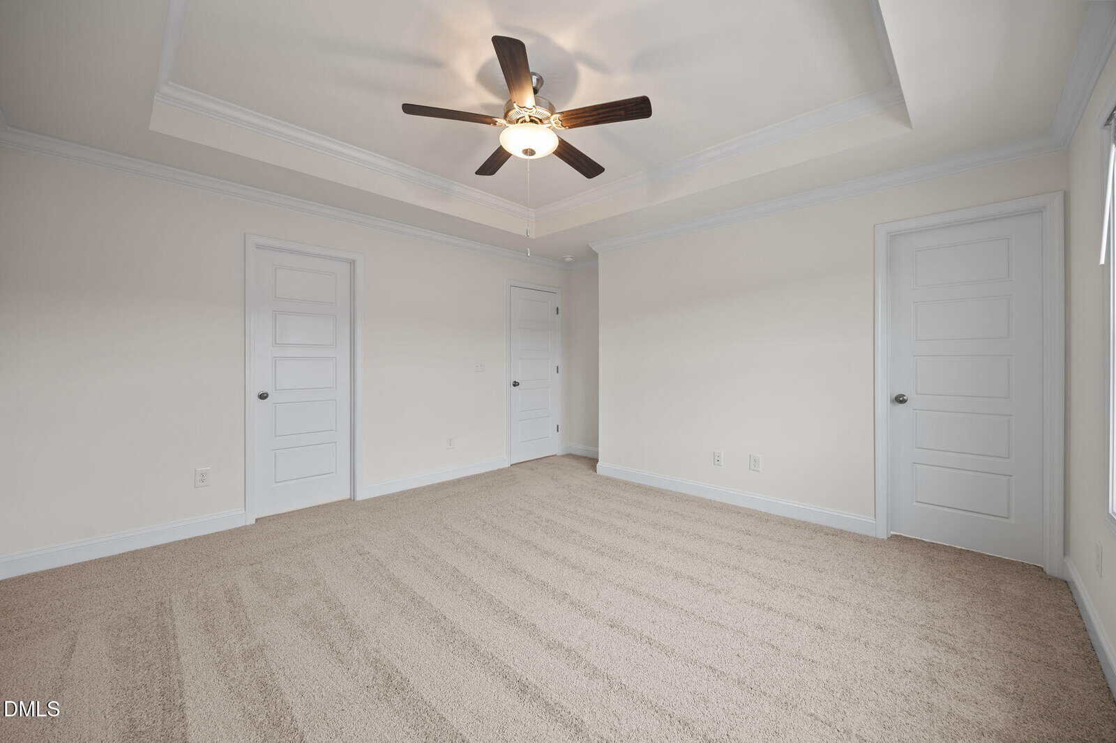 Empty beige carpeted room with a tray ceiling, ceiling fan, white walls, and three closed white doors. Natural light is coming in from windows on the right side.